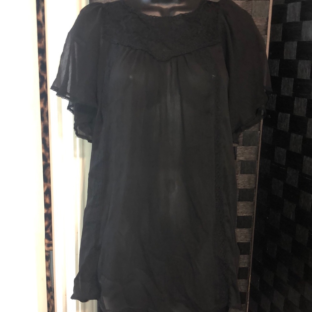 H&M flutter sleeve black sheer lace bohemian boho tunic‎ blouse top Size small